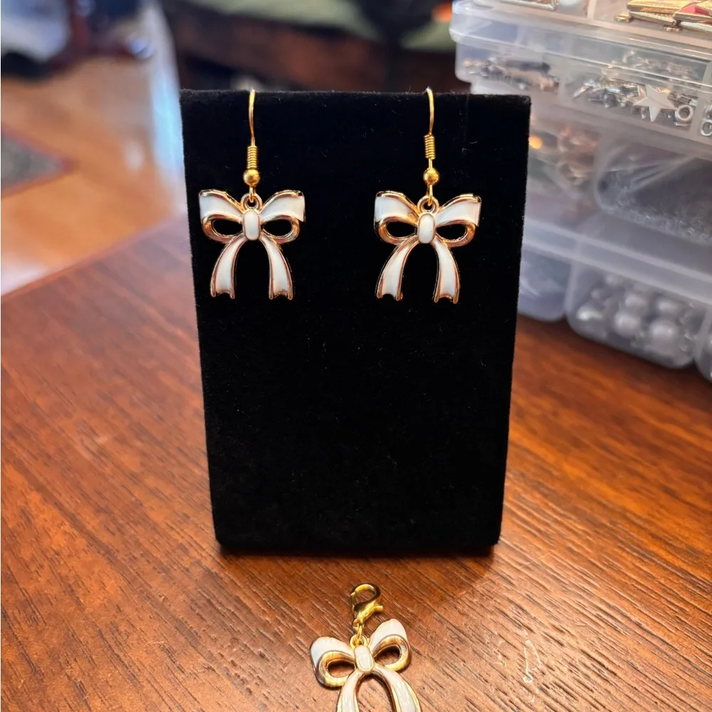 New Gold and White Bow Drop Earrings with matching pendant charm